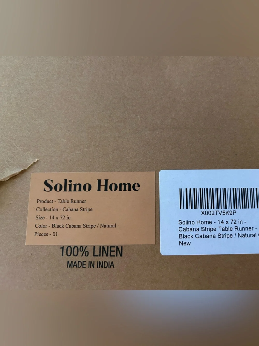 100% Linen Solino Home Table Runner Black Cabana Stripe 14x72 New